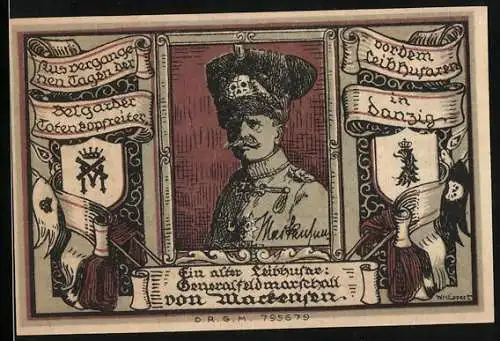 Notgeld Belgard, 2 Mark, Vorderseite mit Generalfeldmarschall von Mackensen und Rückseite mit Wappen und Schriftzug