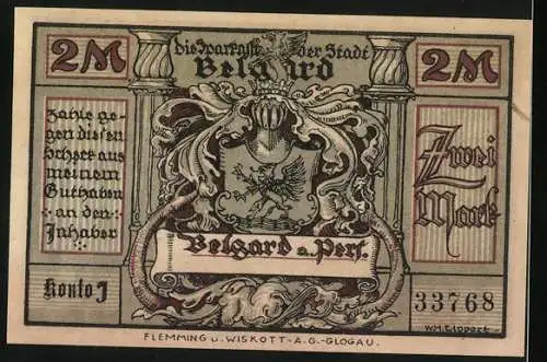 Notgeld Belgard, 2 Mark, Vorderseite mit Generalfeldmarschall von Mackensen und Rückseite mit Wappen und Schriftzug