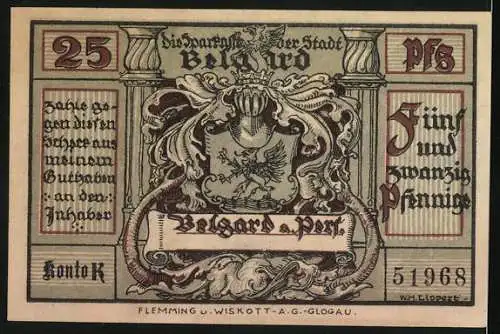 Notgeld Belgard, 1914, 25 Pfennig, Reiterszene mit Friedrich dem Grossen und Stadtwappen