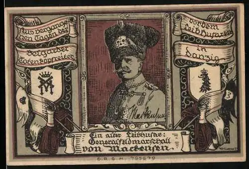 Notgeld Belgard, 1921, 2 Mark, Generalfeldmarschall von Mackensen Porträt, Wappen mit Greif und Inschrift