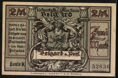 Notgeld Belgard, 1921, 2 Mark, Generalfeldmarschall von Mackensen Porträt, Wappen mit Greif und Inschrift