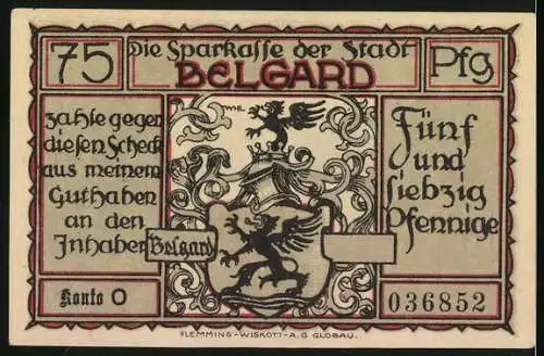 Notgeld Belgard, 75 Pfennig, Totenkopfreiter vor dem Leibhusaren in Danzig unter Kaiser Wilhelm I, Wappen