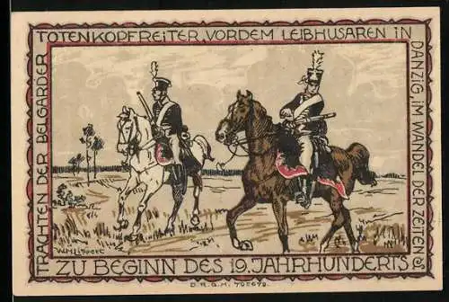 Notgeld Belgard, 50 Pfennig, Totenkopfreiter vor dem Leibhusaren in Danzig