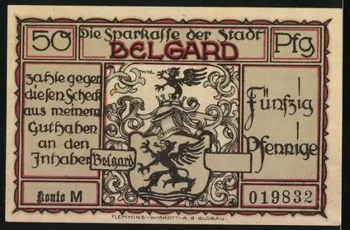 Notgeld Belgard, 50 Pfennig, Totenkopfreiter vor dem Leibhusaren in Danzig