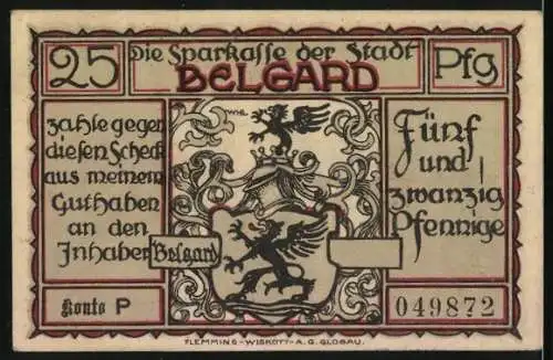 Notgeld Belgard, 25 Pfennig, Totenkopf-Reiter und Wappen der Stadt Belgard