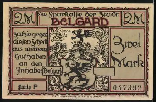 Notgeld Belgard, 1918, 2 Mark, Totenkopfreiter und Wappen der Stadt Belgard