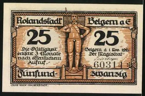 Notgeld Belgern a. E., 1921, 25 Pfennig, Abbildung des Rathauses und Rolandstatue