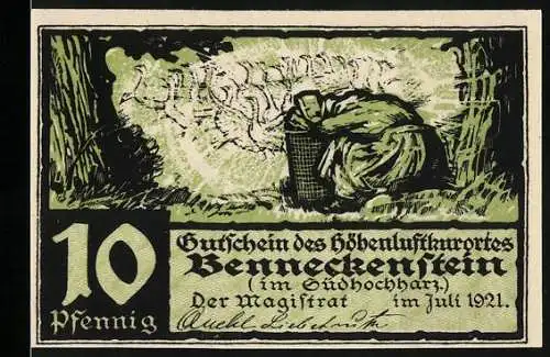 Notgeld Benneckenstein 1921, 10 Pfennig, Frau mit Korb im Wald und Gedicht auf der Rückseite