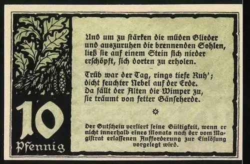 Notgeld Benneckenstein 1921, 10 Pfennig, Frau mit Korb im Wald und Gedicht auf der Rückseite