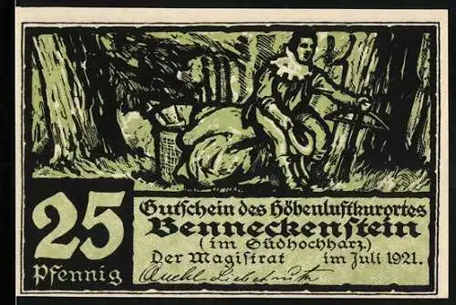 Notgeld Benneckenstein 1921, 25 Pfennig, Jägersmann im Wald und Eichenlaub