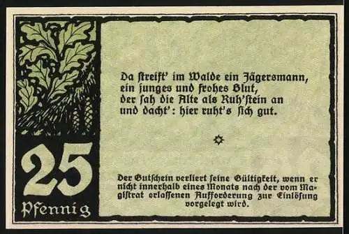 Notgeld Benneckenstein 1921, 25 Pfennig, Jägersmann im Wald und Eichenlaub