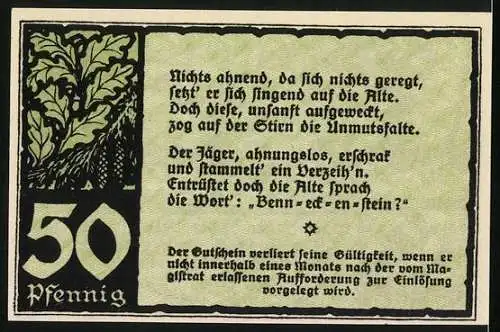 Notgeld Benneckenstein 1921, 50 Pfennig, Gutschein des Höhenluftkurortes, Jäger mit einer alten Frau