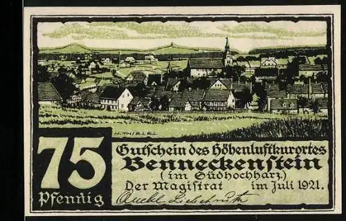 Notgeld Benneckenstein 1921, 75 Pfennig, Gutschein des Höhenluftkurortes mit Stadtansicht und Eichenmotiv