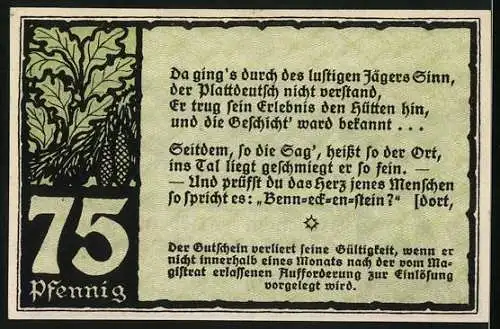 Notgeld Benneckenstein 1921, 75 Pfennig, Gutschein des Höhenluftkurortes mit Stadtansicht und Eichenmotiv