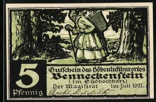 Notgeld Benneckenstein 1921, 5 Pfennig, Frau mit Wanderstock und Korb im Wald