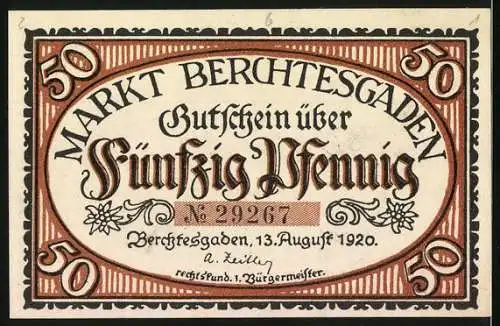 Notgeld Berchtesgaden, 1920, 50 Pfennig, Markt Berchtesgaden, Gutschein über Fünfzig Pfennig, Friedensbotschaft