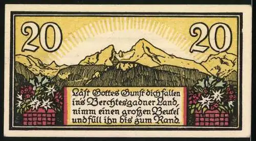 Notgeld Berchtesgaden 1920, 20 Pfennig, farbiges Wappen und Berglandschaft mit Spruch