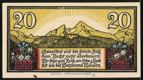 Notgeld Berchtesgaden, 1920, 20 Pfennig, Gutschein über Zwanzig Pfennig mit Watzmann-Motiv und Ortswappen