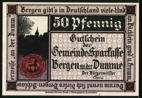 Notgeld Bergen an der Dumme, 1922, 50 Pfennig, Ritter auf Pferd und Gemeindeansicht