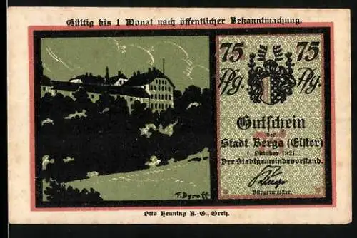 Notgeld Berga (Elster), 1921, 75 Pfennig, Schlossabbildung und Sagendarstellung