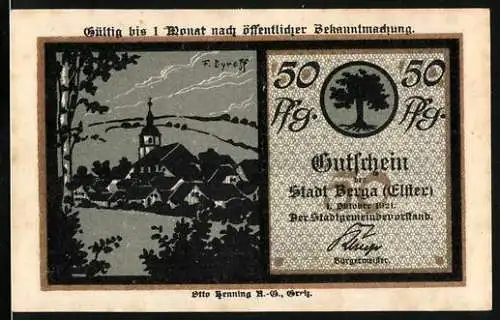 Notgeld Berga an der Elster, 1921, 50 Pfennig, Stadtansicht und Musikant mit Wolf