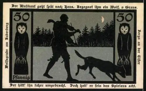 Notgeld Berga an der Elster, 1921, 50 Pfennig, Stadtansicht und Musikant mit Wolf