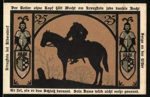 Notgeld Berga an der Elster 1921, 25 Pfennig, Der Reiter ohne Kopf hält Wacht am Kreuzstein jede dunkle Nacht