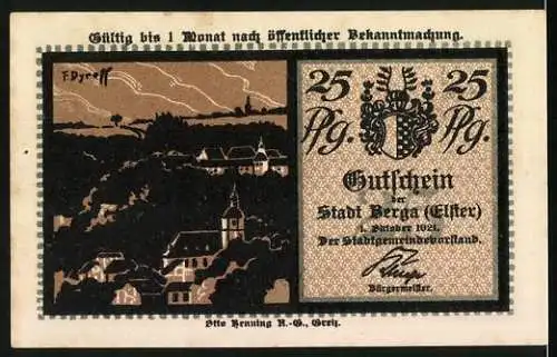 Notgeld Berga an der Elster 1921, 25 Pfennig, Der Reiter ohne Kopf hält Wacht am Kreuzstein jede dunkle Nacht