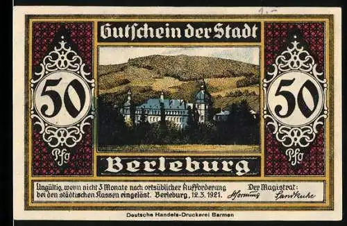 Notgeld Berleburg, 1921, 50 Pfennig, Gutschein der Stadt mit Schlossansicht und Schlosssoldat