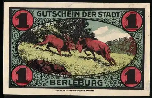 Notgeld Berleburg 1921, 1 Mark, zwei kämpfende Hirsche und Kolonie Lause bei Berleburg