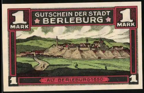 Notgeld Berleburg 1921, 1 Mark, Alt-Berleburg 1650 und Wappen von Berleburg