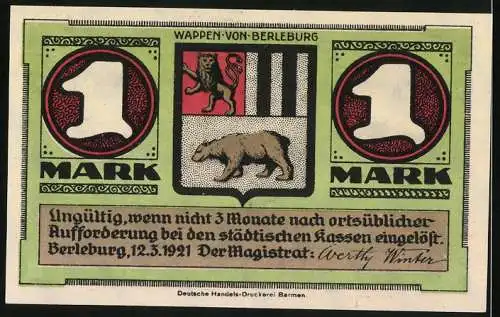 Notgeld Berleburg 1921, 1 Mark, Alt-Berleburg 1650 und Wappen von Berleburg