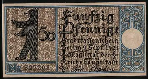 Notgeld Berlin-Tempelhof 1921, 50 Pfennig, Bär und Stadtlandschaft mit Hof und Personen