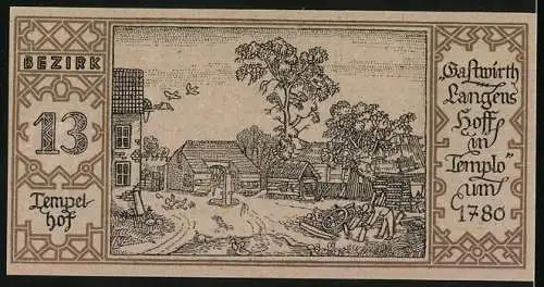 Notgeld Berlin-Tempelhof 1921, 50 Pfennig, Bär und Stadtlandschaft mit Hof und Personen