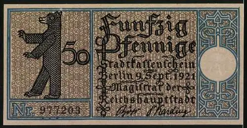 Notgeld Schöneberg 1921, 50 Pfennig, Dorfansicht um 1820 und Bärensymbol