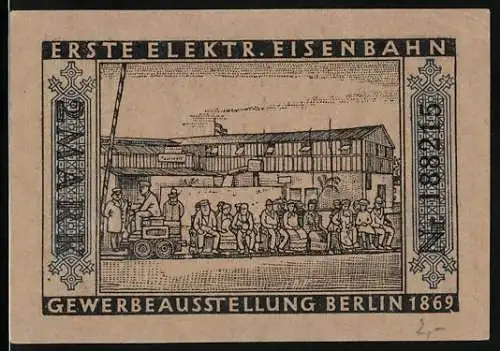 Notgeld Berlin, 1922, 2 Mark, Erste Elektrische Eisenbahn Gewerbeausstellung Berlin 1869