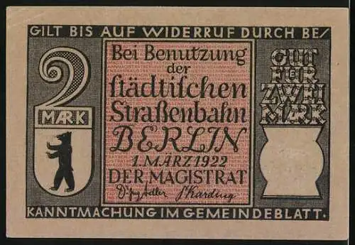 Notgeld Berlin, 1922, 2 Mark, Erste Elektrische Eisenbahn Gewerbeausstellung Berlin 1869