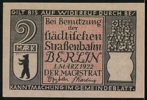 Notgeld Berlin, 1922, 2 Mark, Hochbahn über dem Landwehrkanal, Erbaut um 1900, Gilt bis auf Widerruf