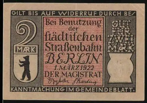 Notgeld Berlin, 1922, 2 Mark, Städtische Strassenbahn und Berliner Mietdroschke um 1830