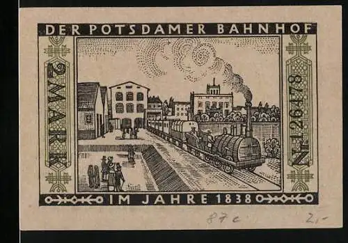 Notgeld Berlin, 1922, 2 Mark, Der Potsdamer Bahnhof im Jahre 1838 und Nutzung städtischer Strassenbahn