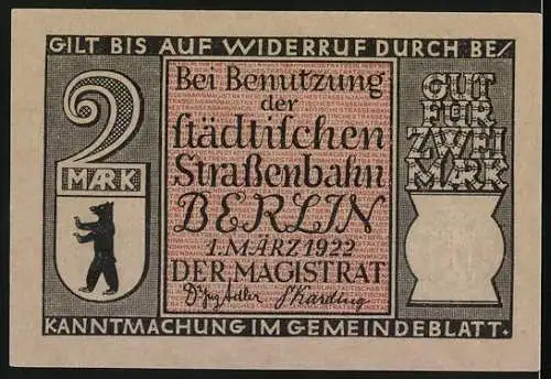 Notgeld Berlin, 1922, 2 Mark, Der Potsdamer Bahnhof im Jahre 1838 und Nutzung städtischer Strassenbahn