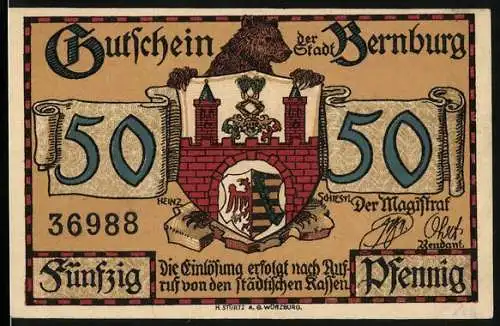 Notgeld Bernburg, 50 Pfennig, Gutschein der Stadt Bernburg mit Stadtwappen und Neues Rathaus vorher Karlskaserne