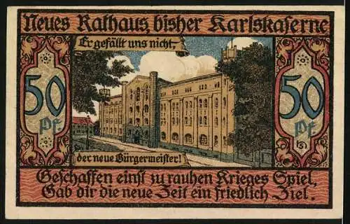 Notgeld Bernburg, 50 Pfennig, Gutschein der Stadt Bernburg mit Stadtwappen und Neues Rathaus vorher Karlskaserne