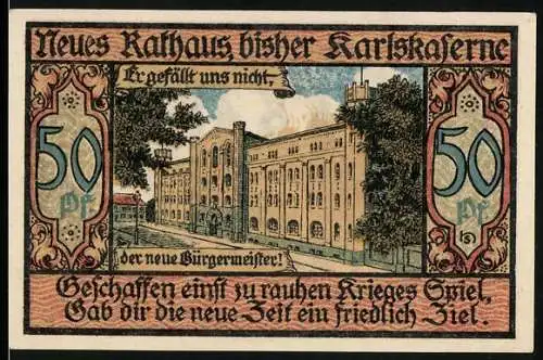 Notgeld Bernburg, 50 Pfennig, Neues Rathaus bisher Karlskaserne, Stadtwappen und Seriennummer