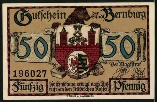 Notgeld Bernburg, 50 Pfennig, Neues Rathaus bisher Karlskaserne, Stadtwappen und Seriennummer