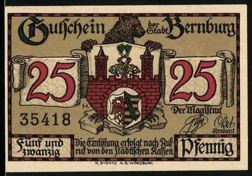 Notgeld Bernburg, 1921, 25 Pfennig, Gutschein der Stadt mit Wappen und Schlossansicht