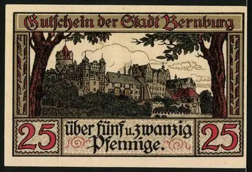 Notgeld Bernburg, 1921, 25 Pfennig, Gutschein der Stadt mit Wappen und Schlossansicht