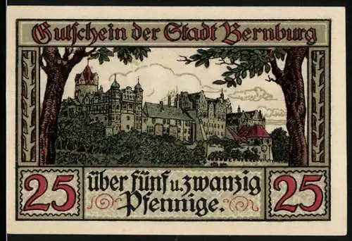 Notgeld Bernburg, 25 Pfennig, Gutschein der Stadt Bernburg mit Schlossansicht und Stadtwappen