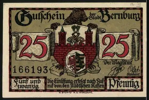 Notgeld Bernburg, 25 Pfennig, Gutschein der Stadt Bernburg mit Schlossansicht und Stadtwappen