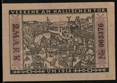 Notgeld Berlin 1922, 2 Mark, Verkehr am Hallischen Tor und Nutzung städtischer Strassenbahn